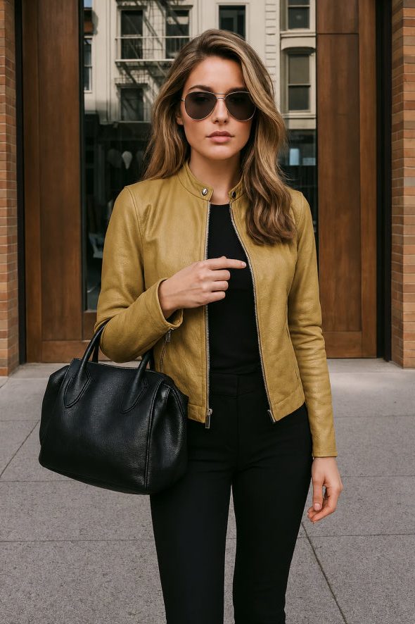 Long Sleeve Slim Fit Leather Jacket with Mandarin Collar for Women - Yellow