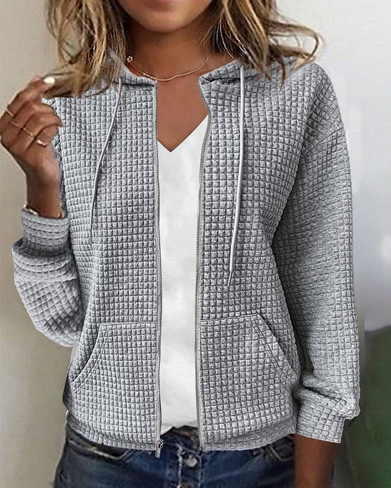 Long Sleeve Textured Zip-Up Hoodie for Women