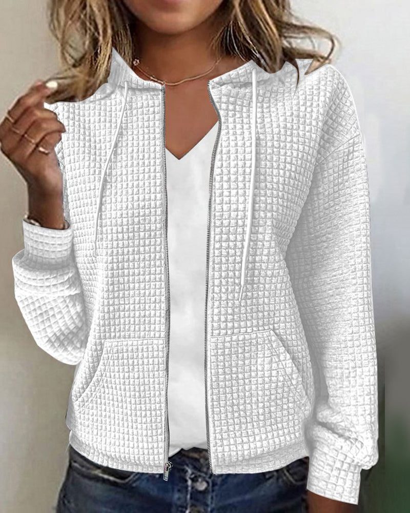 Long Sleeve Textured Zip-Up Hoodie for Women - White