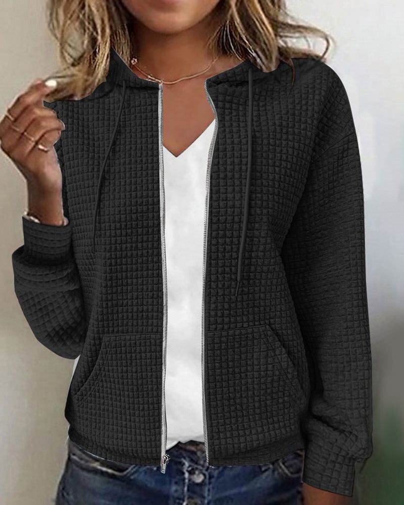 Long Sleeve Textured Zip-Up Hoodie for Women - Black