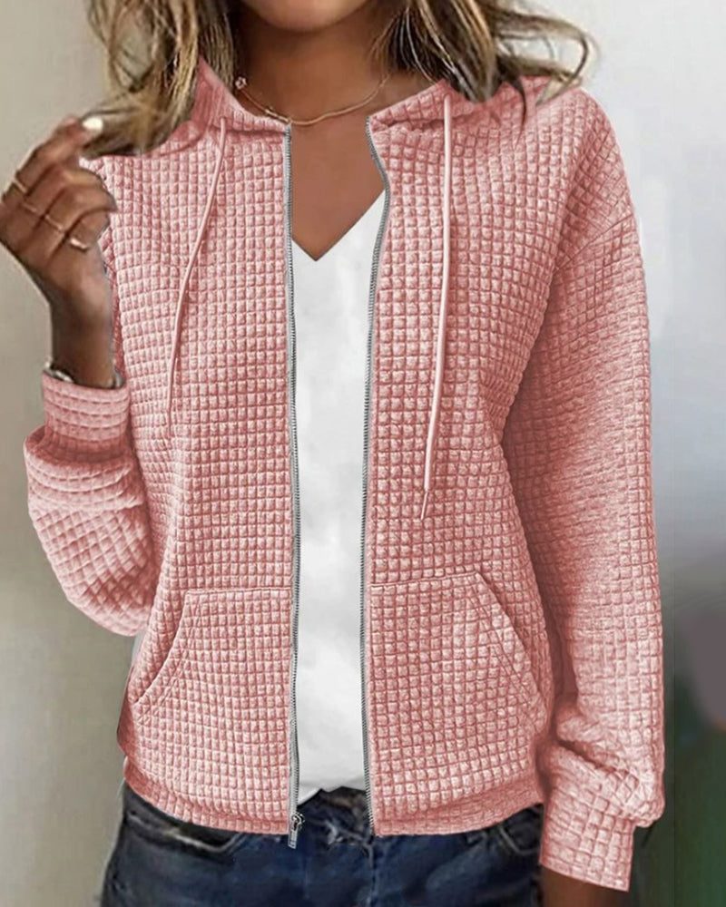 Long Sleeve Textured Zip-Up Hoodie for Women - Rose