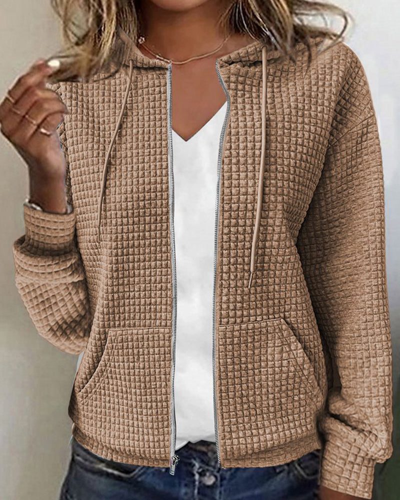 Long Sleeve Textured Zip-Up Hoodie for Women - Khaki