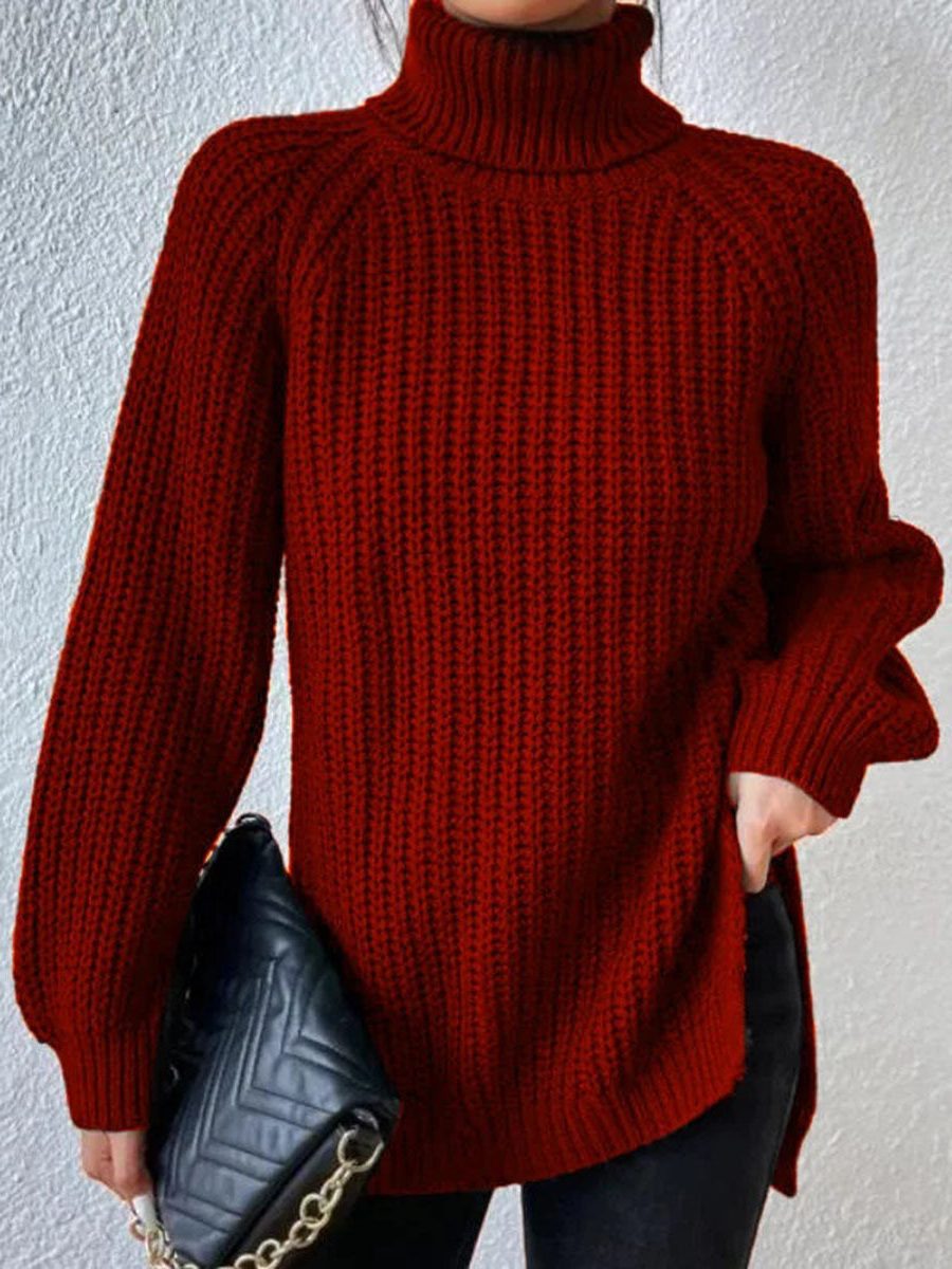 Long Sleeve Turtleneck Sweater for Women - Red