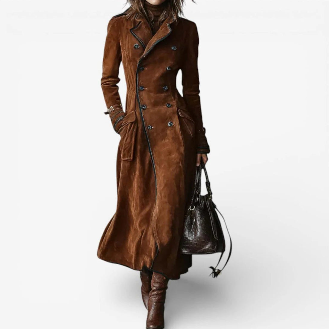 Long Suede Double-Breasted Trench Coat with Lapel Collar for Women
