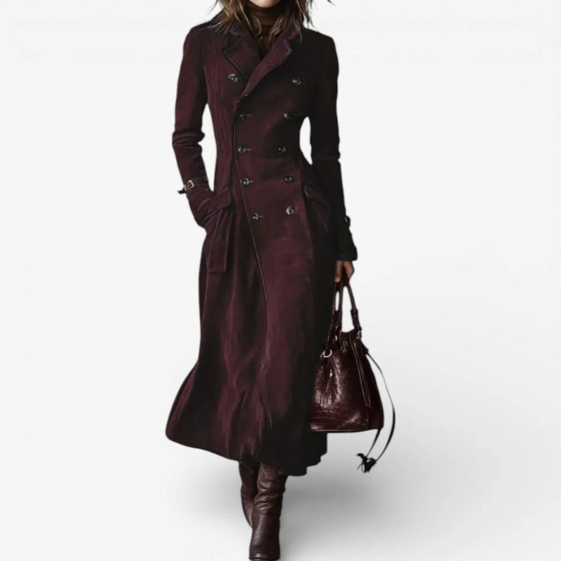 Long Suede Double-Breasted Trench Coat with Lapel Collar for Women