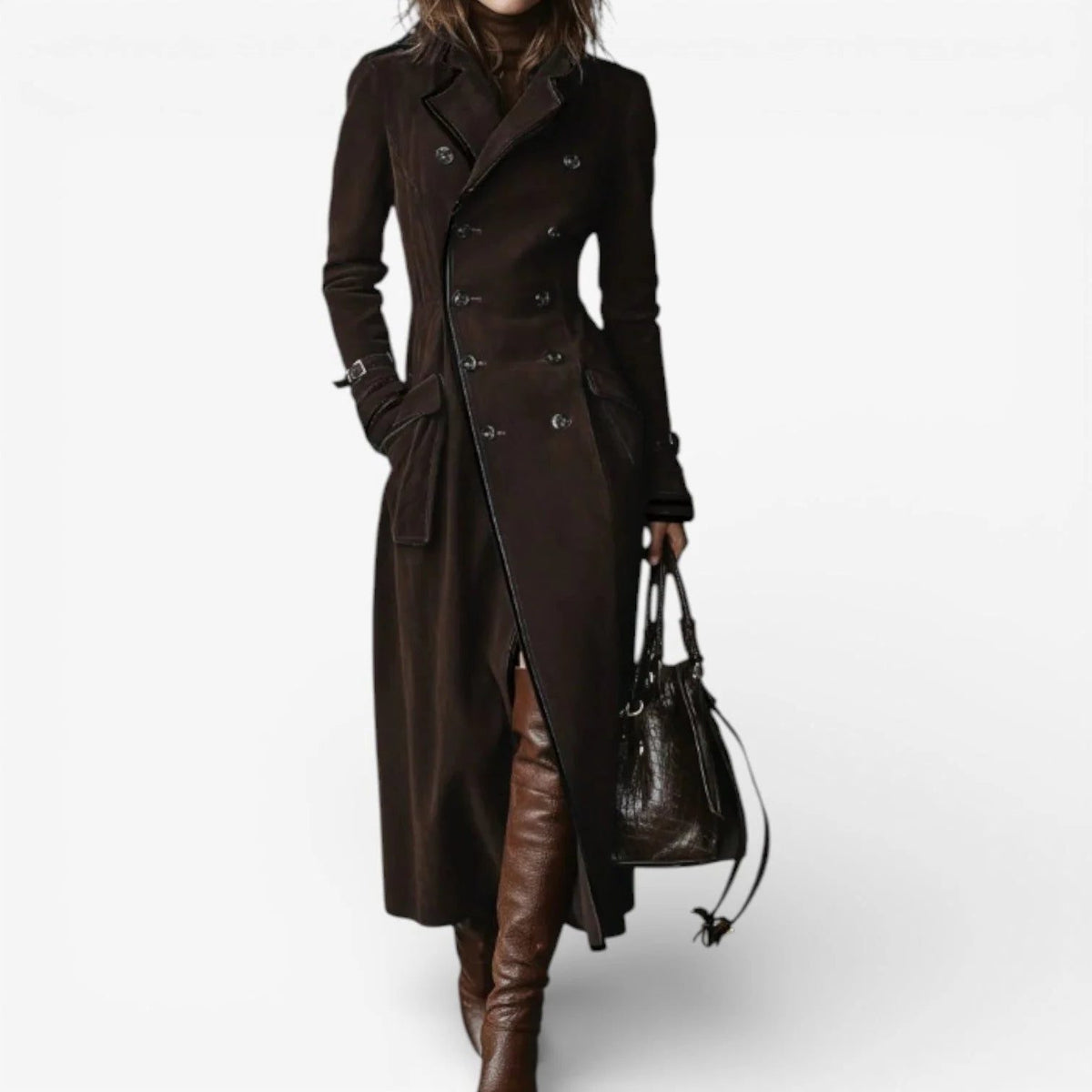 Long Suede Double-Breasted Trench Coat with Lapel Collar for Women - Chestnut Brown