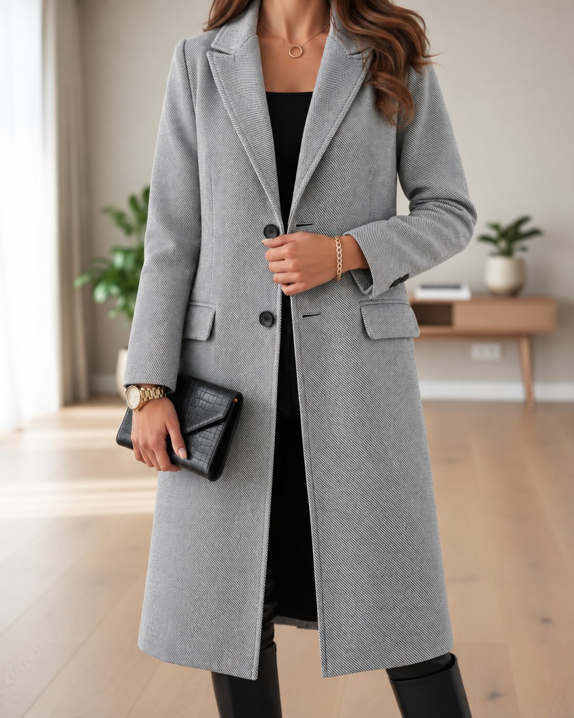 Long Trench Coat with Notched Lapel for Women