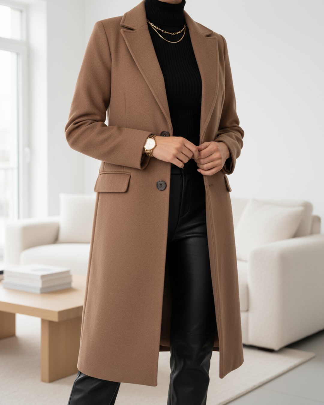 Long Trench Coat with Notched Lapel for Women