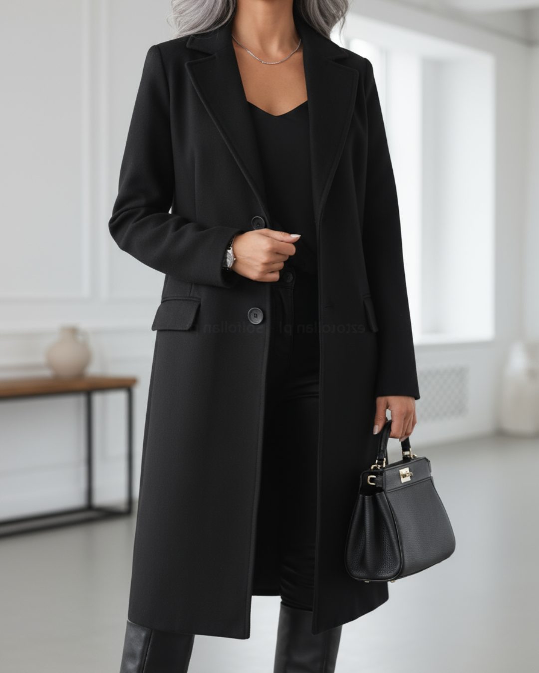 Long Trench Coat with Notched Lapel for Women - Black