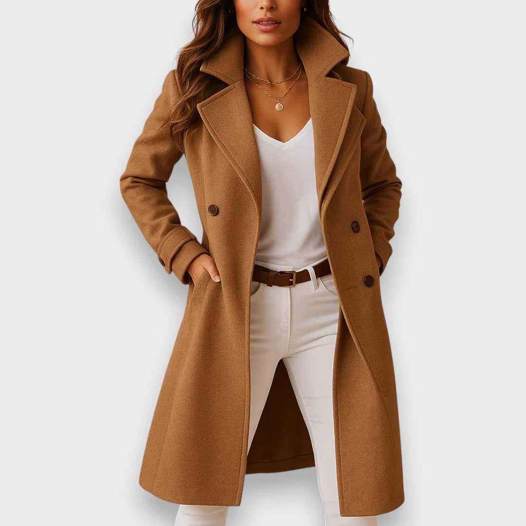 Long Wool Coat with Lapel Collar for Women - Camel
