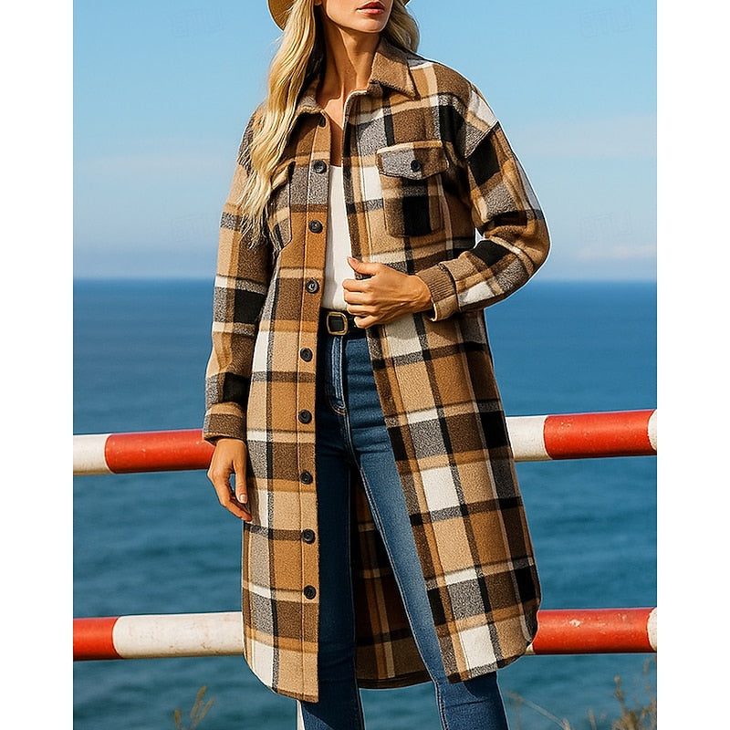Longline Checked Shirt Jacket for Women - Khaki