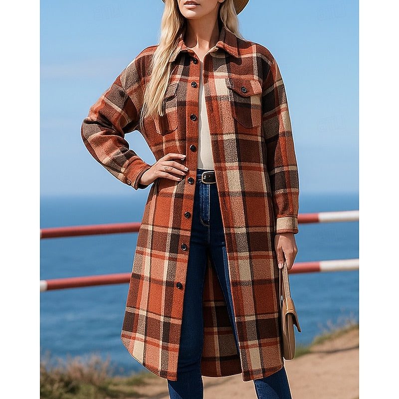 Longline Checked Shirt Jacket for Women - Red