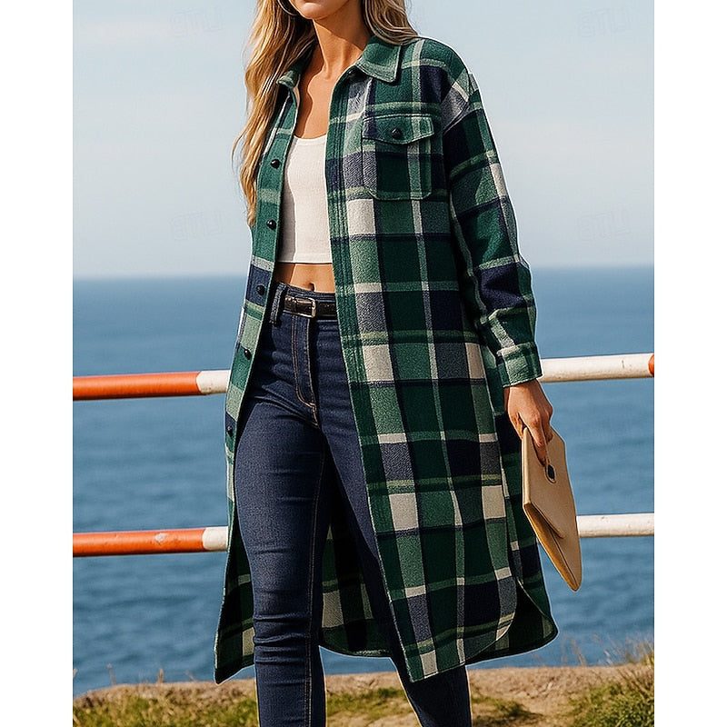 Longline Checked Shirt Jacket for Women - Green