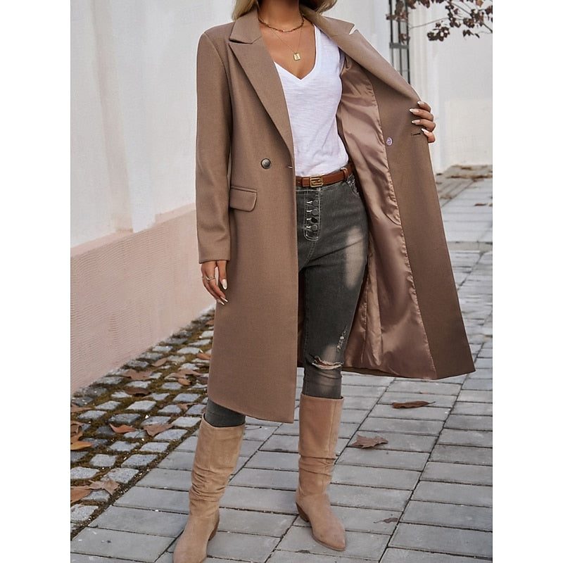 Longline Double-Breasted Coat for Women - Brown