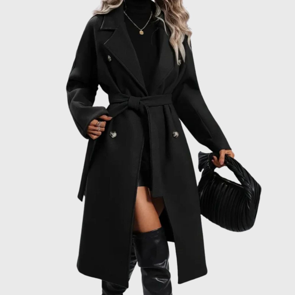 Longline Trench Coat with Double-Breasted Front and Belt for Women