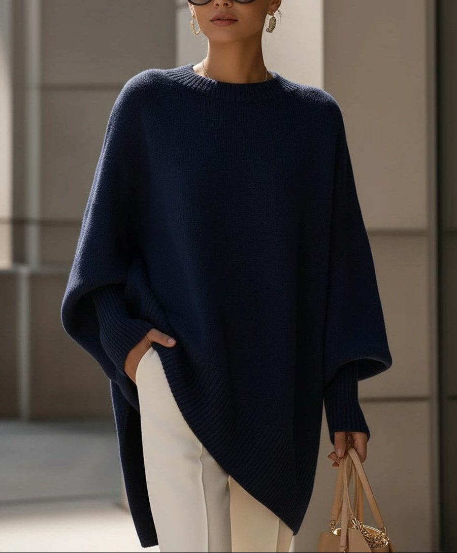 Longline Ribbed Knit Pullover for Women - Navy Blue