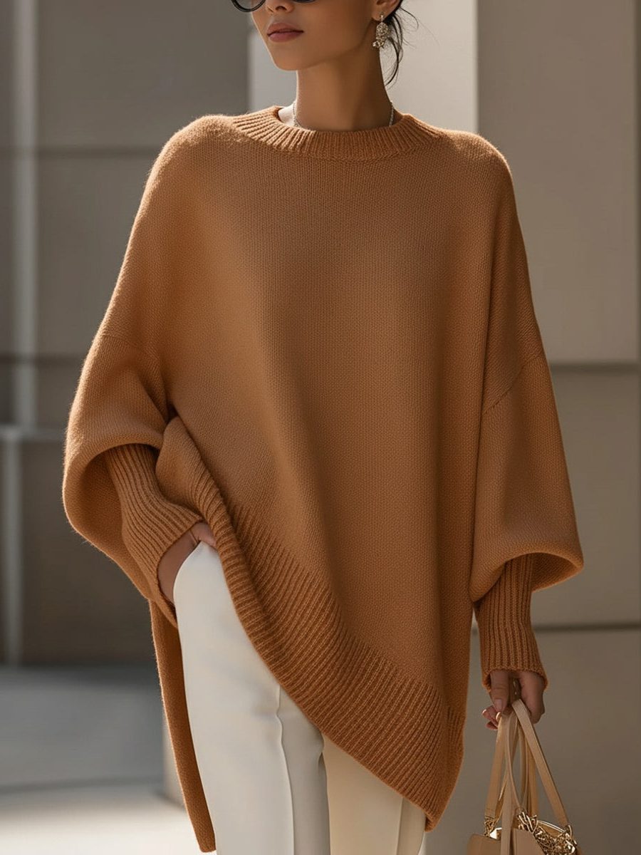 Longline Ribbed Knit Pullover for Women - Caramel