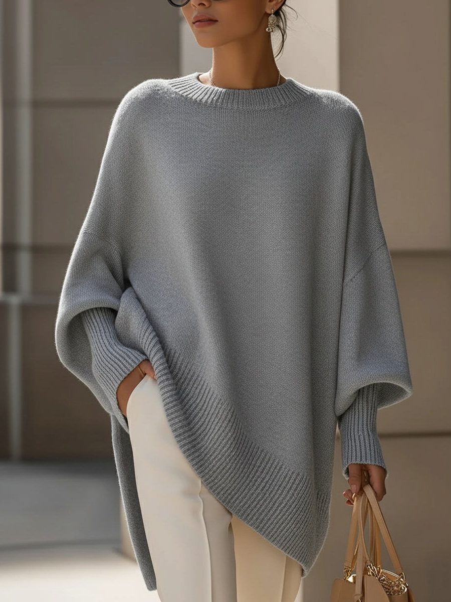 Longline Ribbed Knit Pullover for Women - Gray