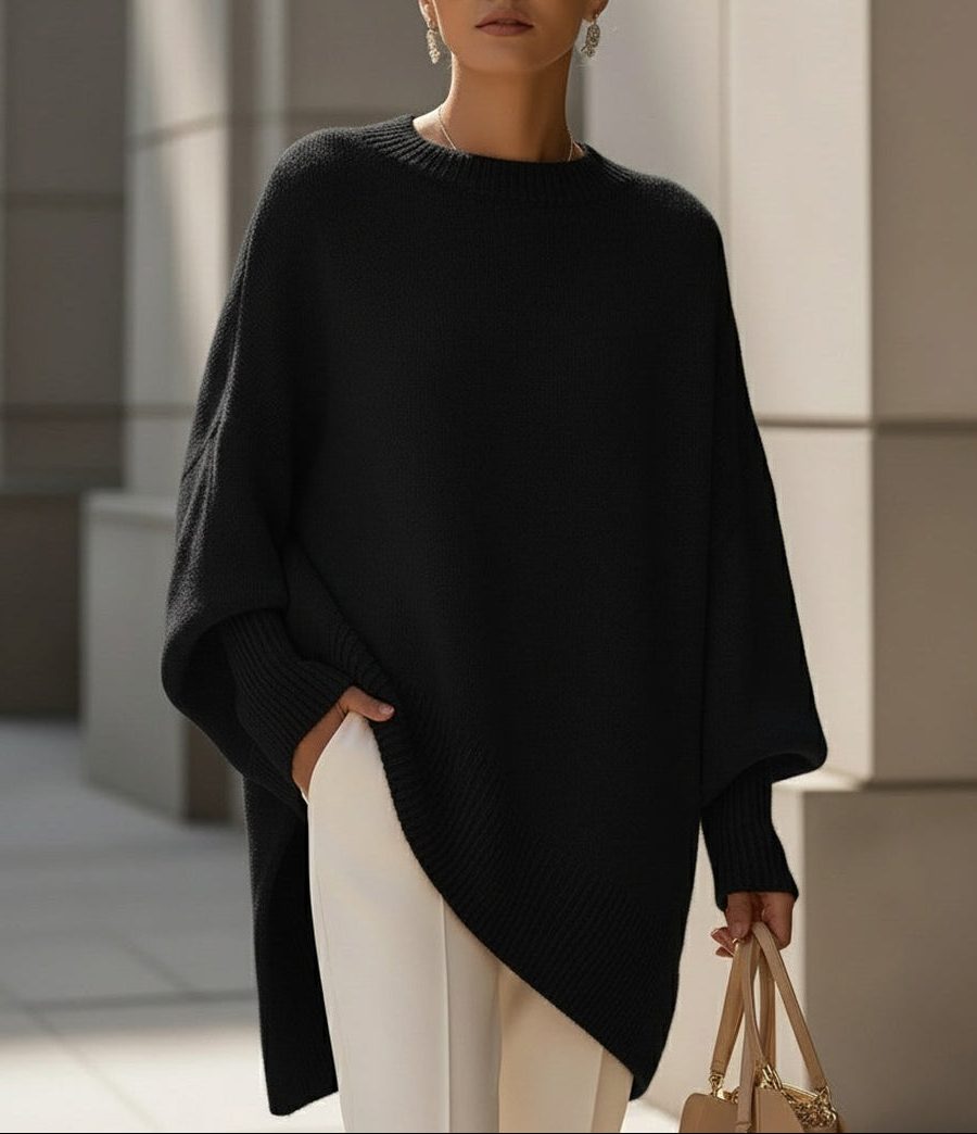 Longline Ribbed Knit Pullover for Women - Black