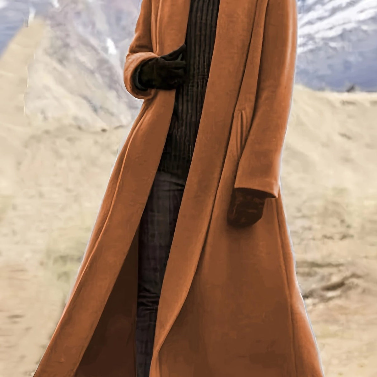 Longline Wool Coat for Women - dark brown