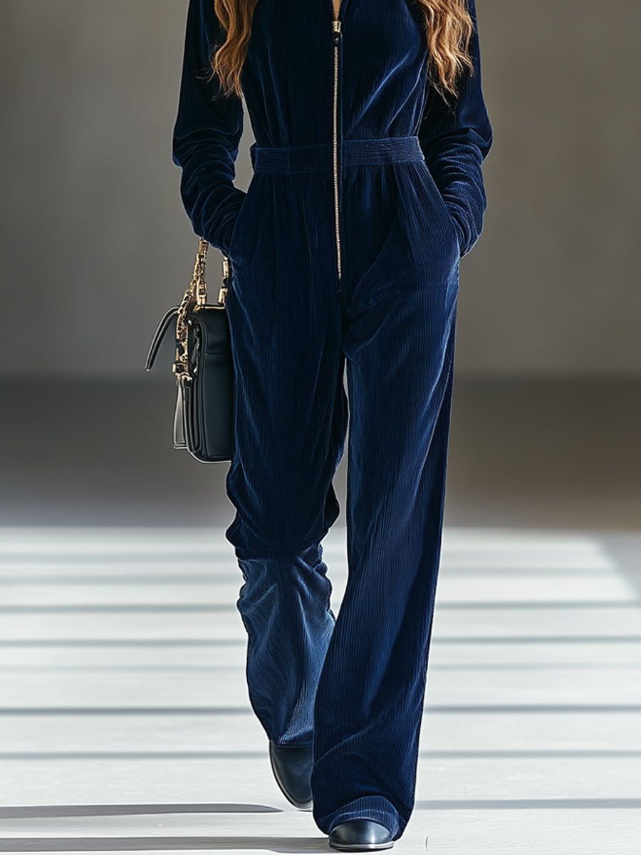 Loose Fit Corduroy Zip-Up Jumpsuit for Women