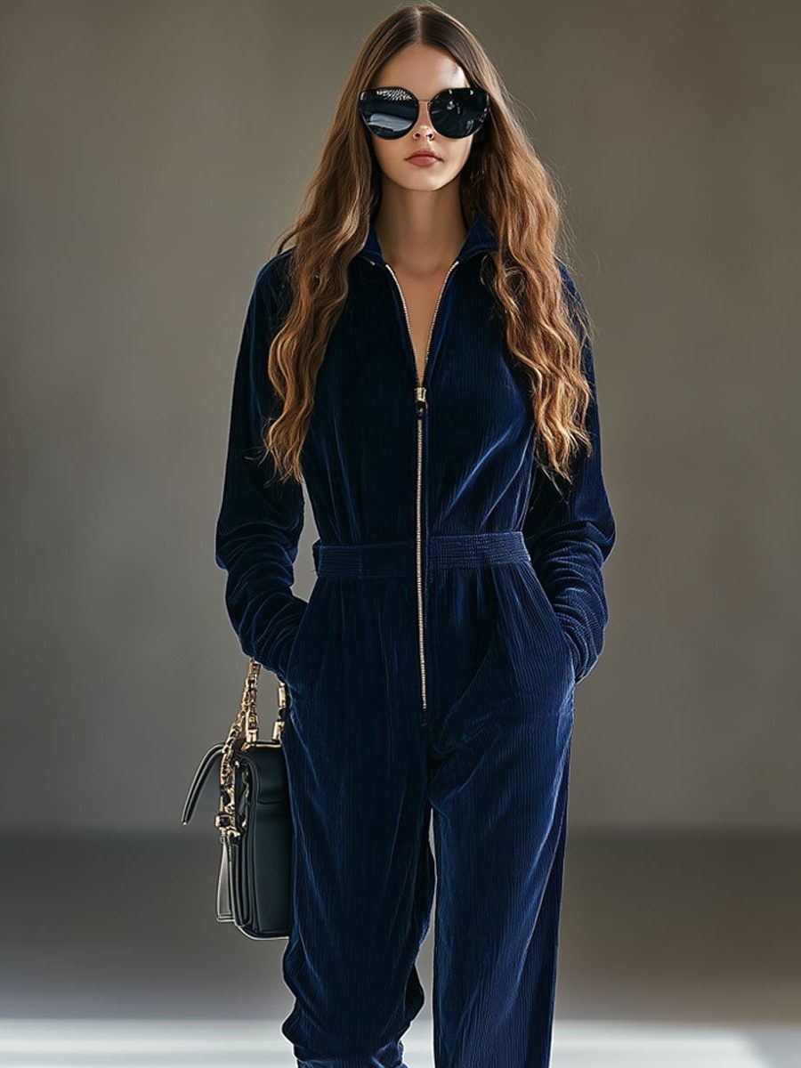 Loose Fit Corduroy Zip-Up Jumpsuit for Women - View 2