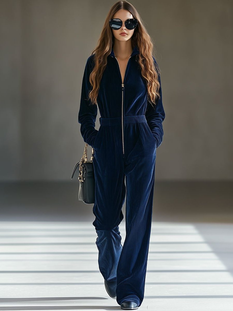 Loose Fit Corduroy Zip-Up Jumpsuit for Women - Jumpsuit