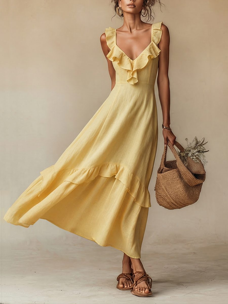 Maxi Dress with Ruffled V-Neck and Hem for Women