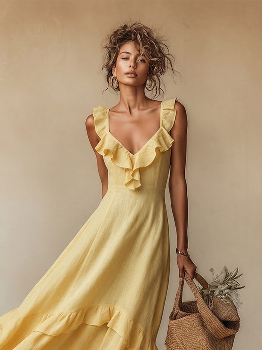 Maxi Dress with Ruffled V-Neck and Hem for Women - View 3