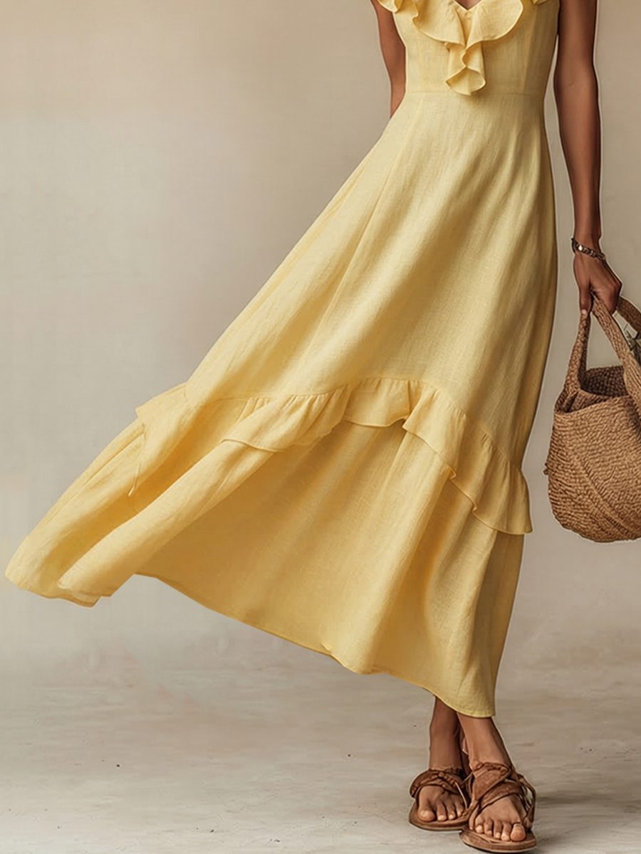 Maxi Dress with Ruffled V-Neck and Hem for Women - View 4