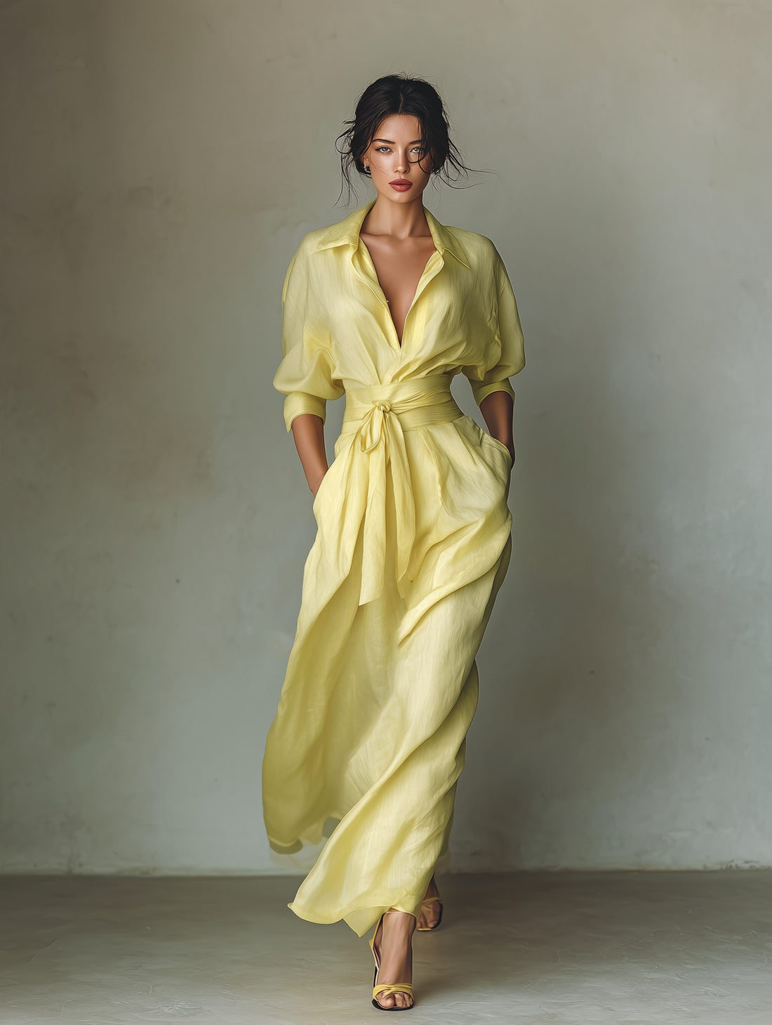 Maxi Shirt Dress with Tie Waist and Half Sleeves for Women - View 2