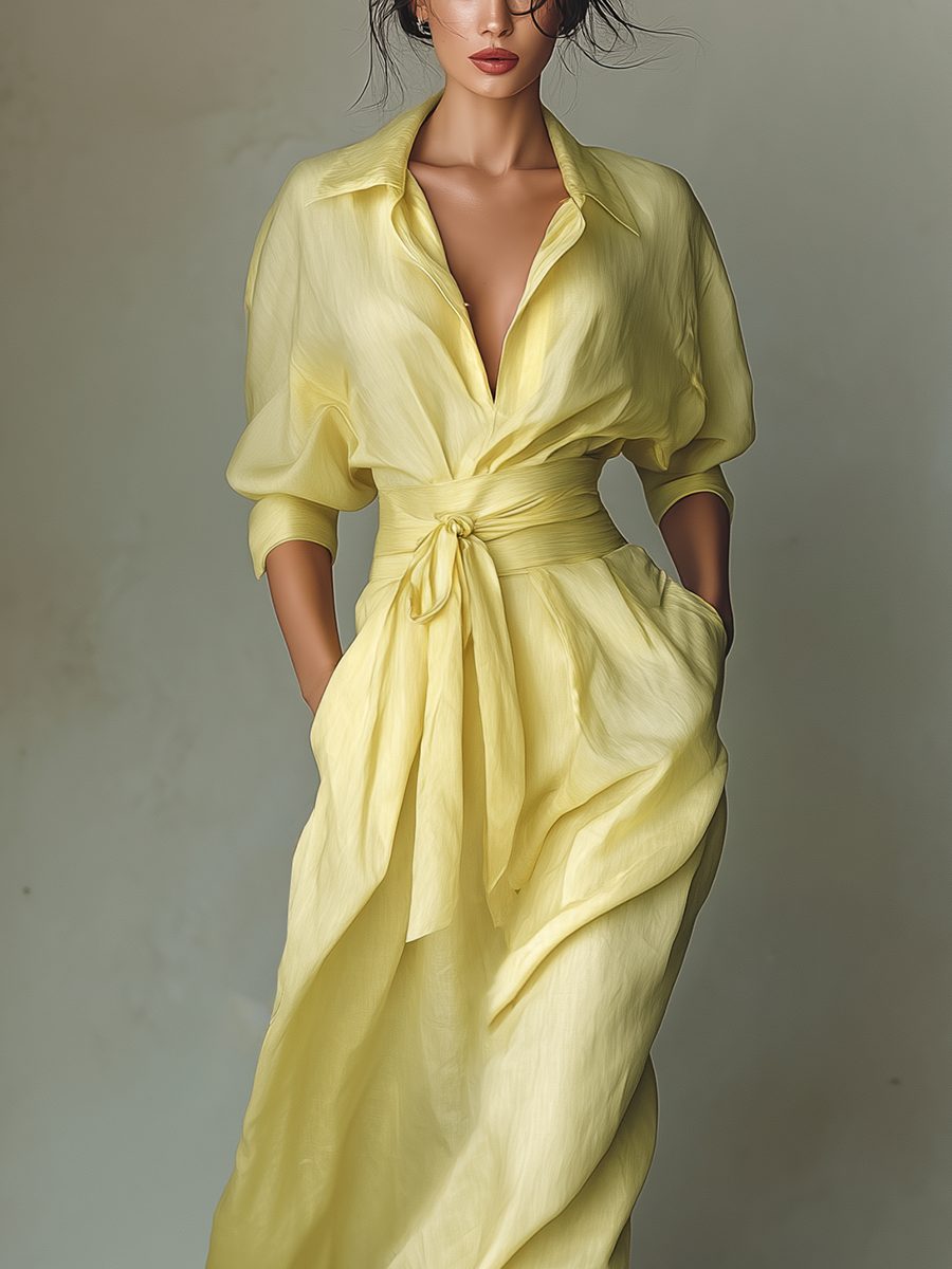 Maxi Shirt Dress with Tie Waist and Half Sleeves for Women - View 2