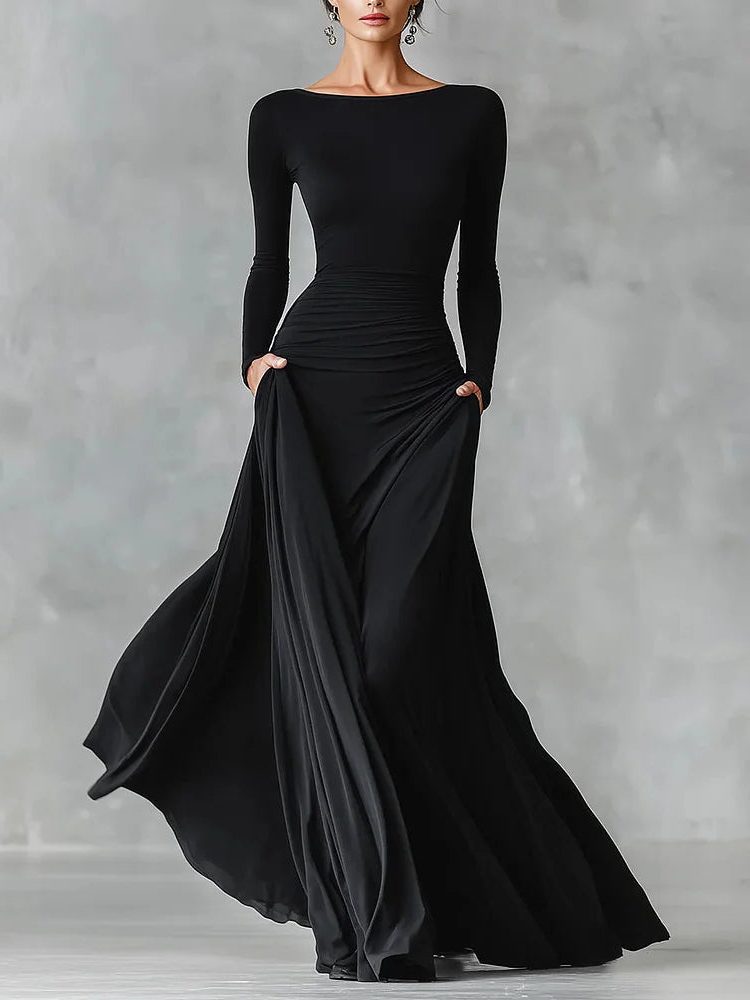 Maxi Winter Dress with Pleated Waist and Boat Neck for Women