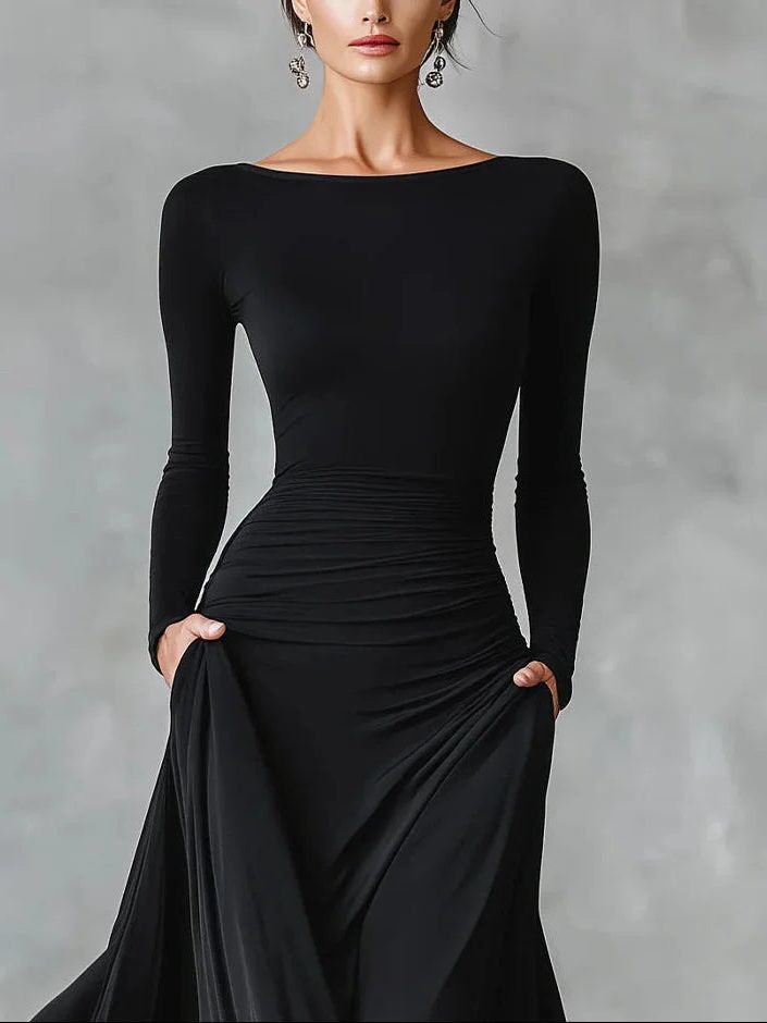 Maxi Winter Dress with Pleated Waist and Boat Neck for Women - View 2