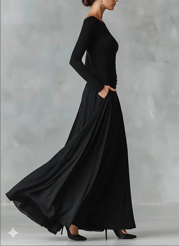 Maxi Winter Dress with Pleated Waist and Boat Neck for Women - View 3