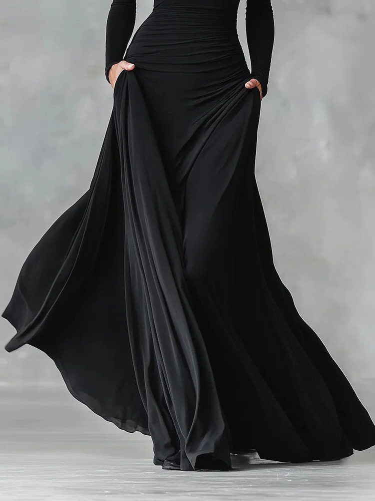 Maxi Winter Dress with Pleated Waist and Boat Neck for Women - View 5