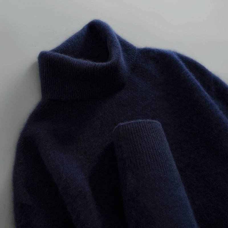 Merino Wool Turtleneck Sweater for Women - Navy Blue