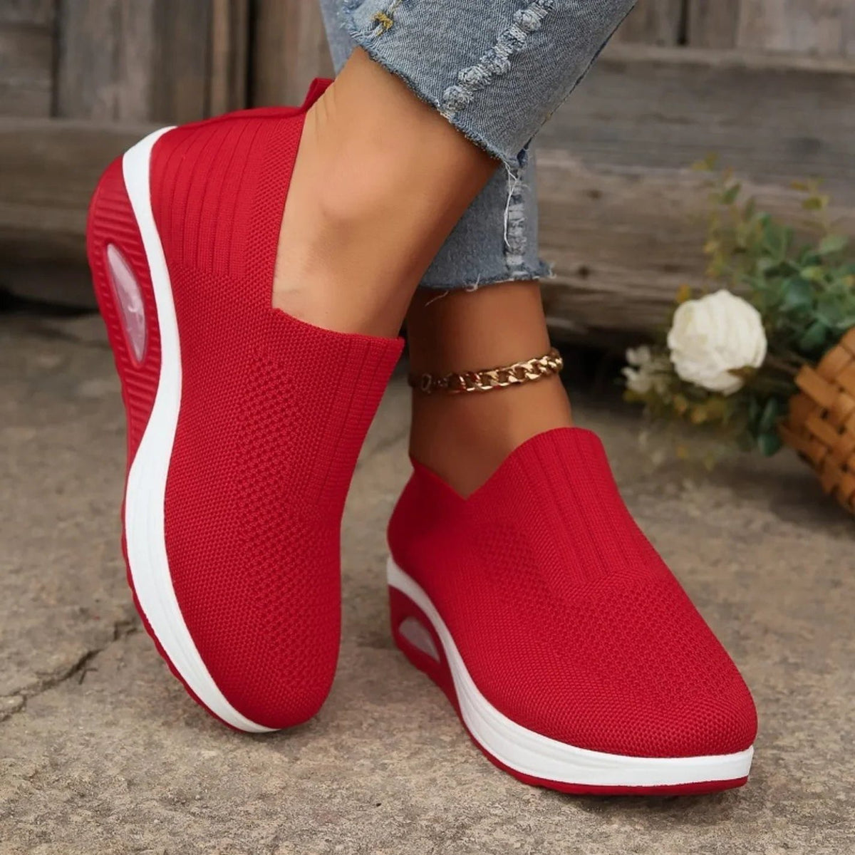 Mesh Slip-On Trainers for Women - Red