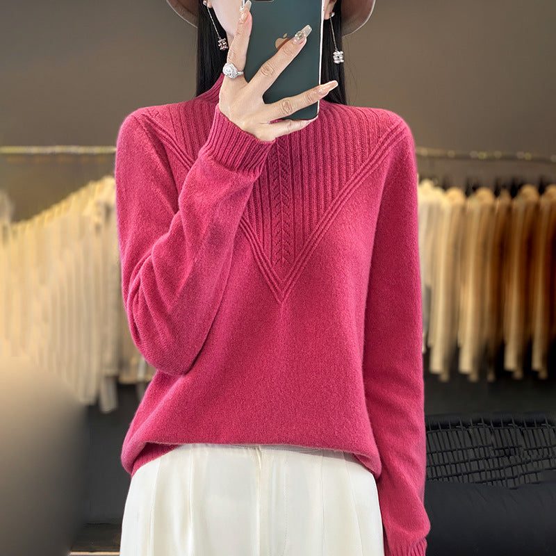Mohair Blend V-Panel Sweater with Stand Collar for Women - Raspberry Red
