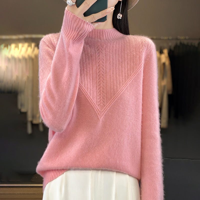 Mohair Blend V-Panel Sweater with Stand Collar for Women - View 4