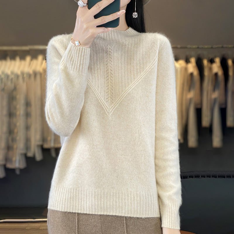 Mohair Blend V-Panel Sweater with Stand Collar for Women - Beige
