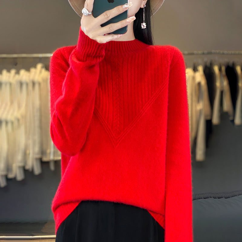 Mohair Blend V-Panel Sweater with Stand Collar for Women - New Year's Red