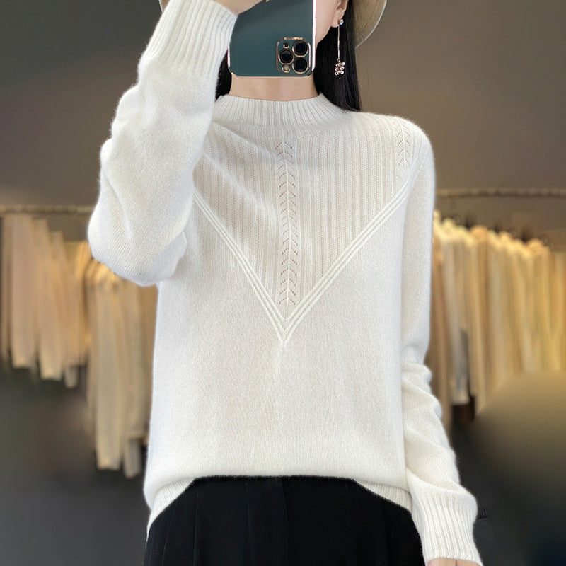 Mohair Blend V-Panel Sweater with Stand Collar for Women - Cream White