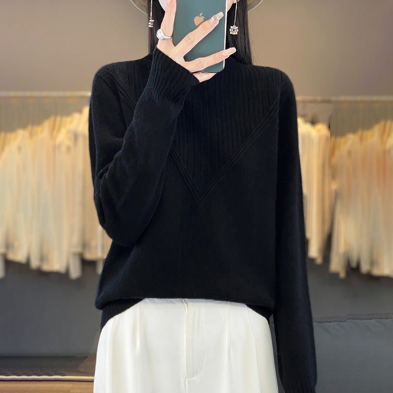 Mohair Blend V-Panel Sweater with Stand Collar for Women - Black