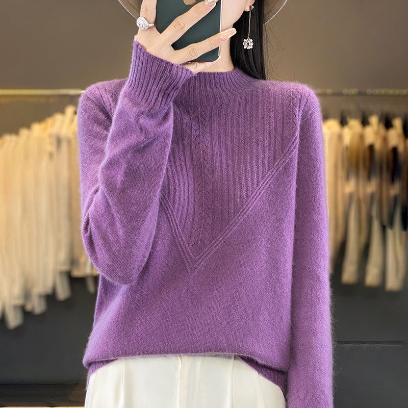 Mohair Blend V-Panel Sweater with Stand Collar for Women - Dark Violet