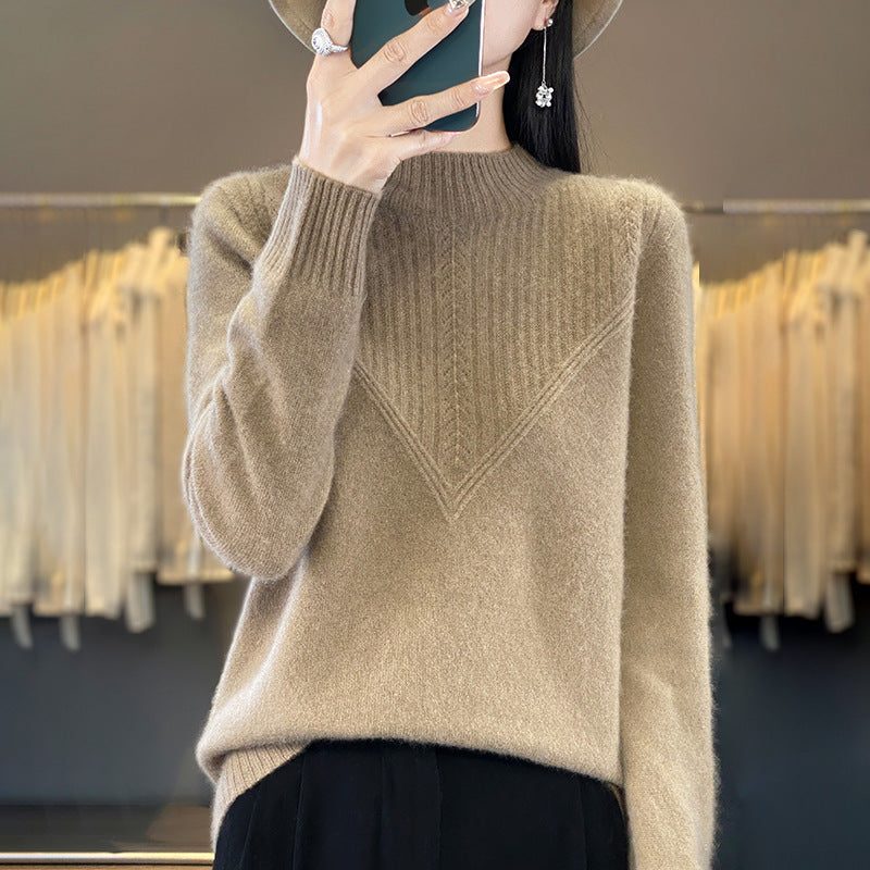 Mohair Blend V-Panel Sweater with Stand Collar for Women - Natural Camel