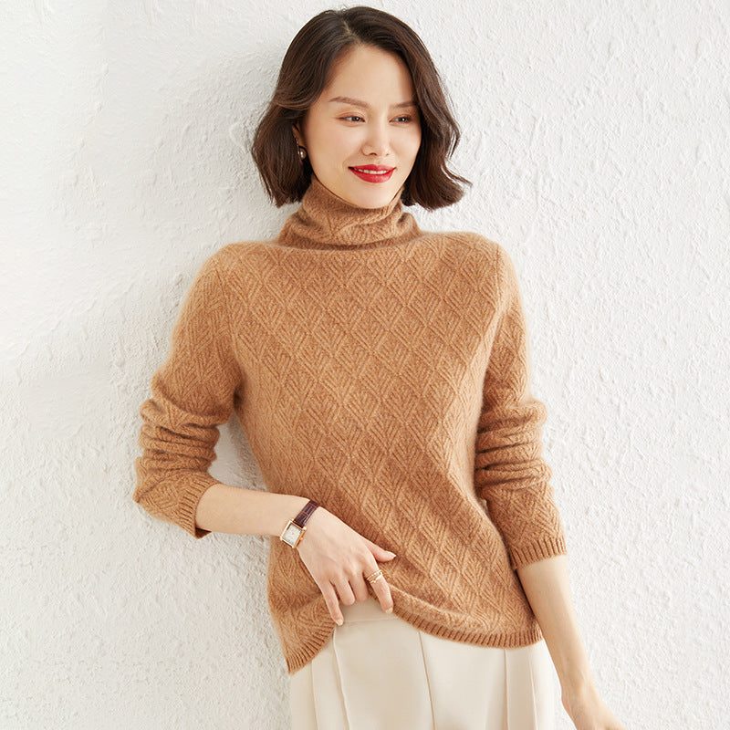 Mohair Turtleneck Sweater with Diamond Pattern Openwork for Women - Caramel