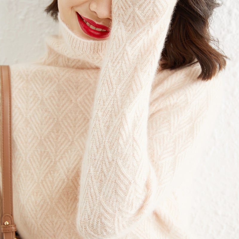 Mohair Turtleneck Sweater with Diamond Pattern Openwork for Women - View 3