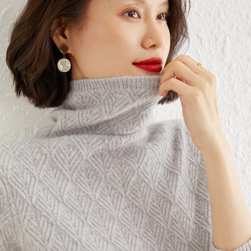 Mohair Turtleneck Sweater with Diamond Pattern Openwork for Women - View 4