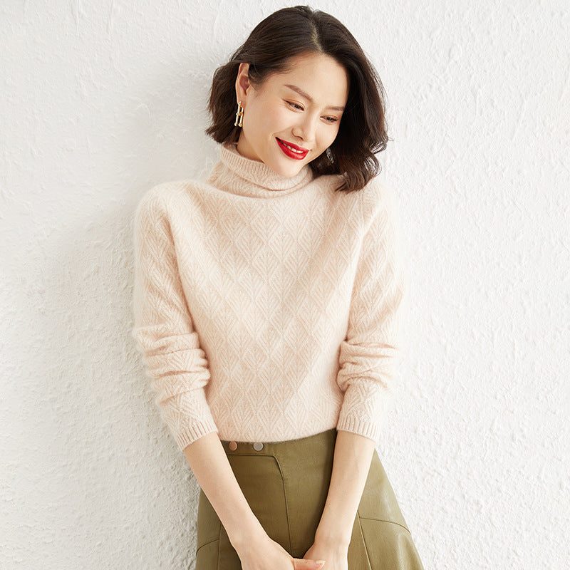 Mohair Turtleneck Sweater with Diamond Pattern Openwork for Women - Beige